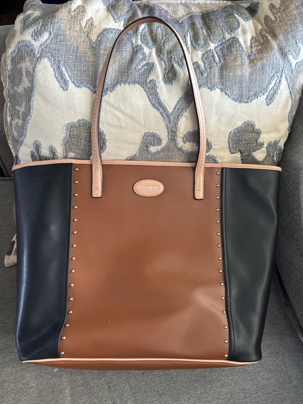 Coach Metro Color Block Two-Tone Brown and Black Studded Leather Tote